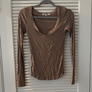 Joah Brown Deep V-Neck Brown Long Sleeve Top